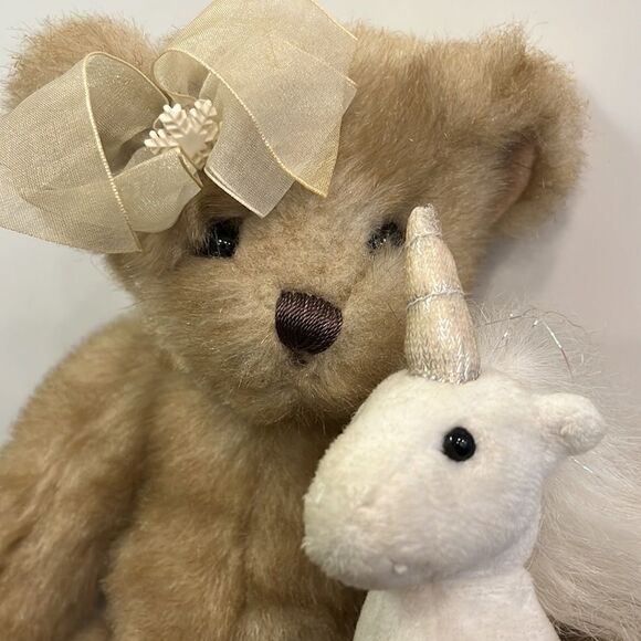 The Bearington Collection Bear Holding Unicorn Holiday Winter Snow 12" Toy - Picture 2 of 9